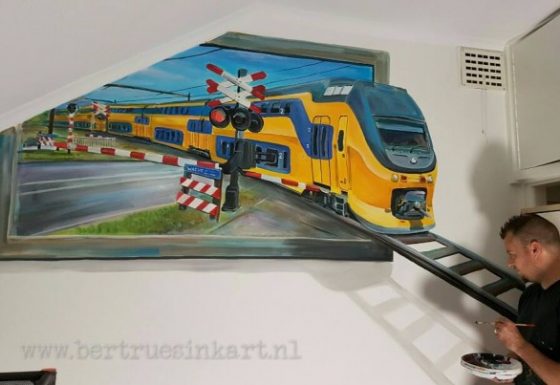 Intercity 3d-schilderij met spoorwegovergang
