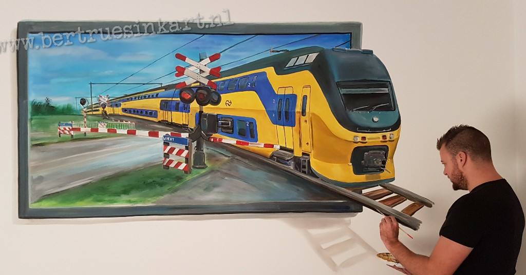 3d-trein schilderij met spoorbomen!