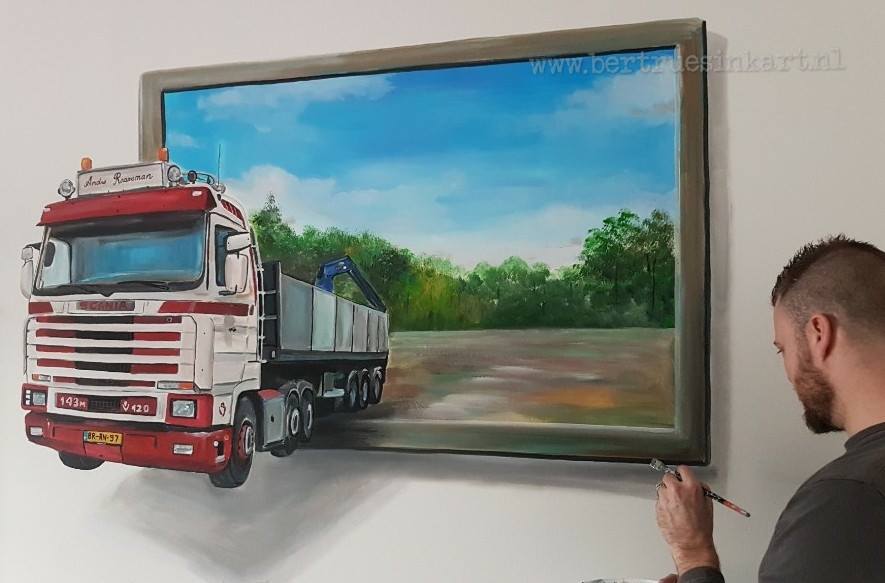 vrachtwagen op woonkamermuur 3d schilderij